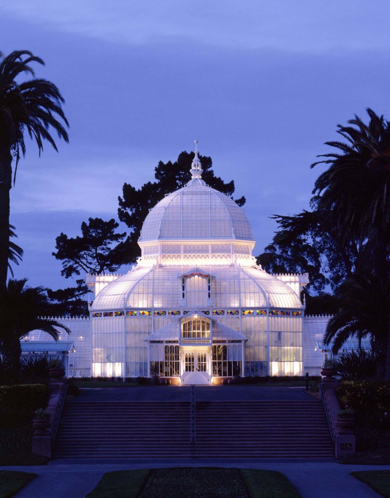 Conservatory's restored main dome at dusk.